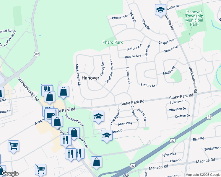 map of restaurants, bars, coffee shops, grocery stores, and more near 3520 Lord Byron Drive in Bethlehem