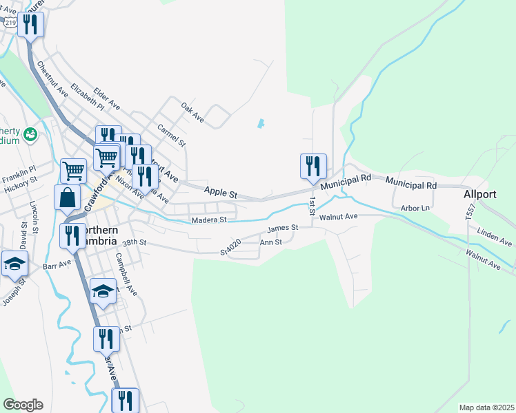 map of restaurants, bars, coffee shops, grocery stores, and more near 2-200 Philadelphia Avenue in Northern Cambria