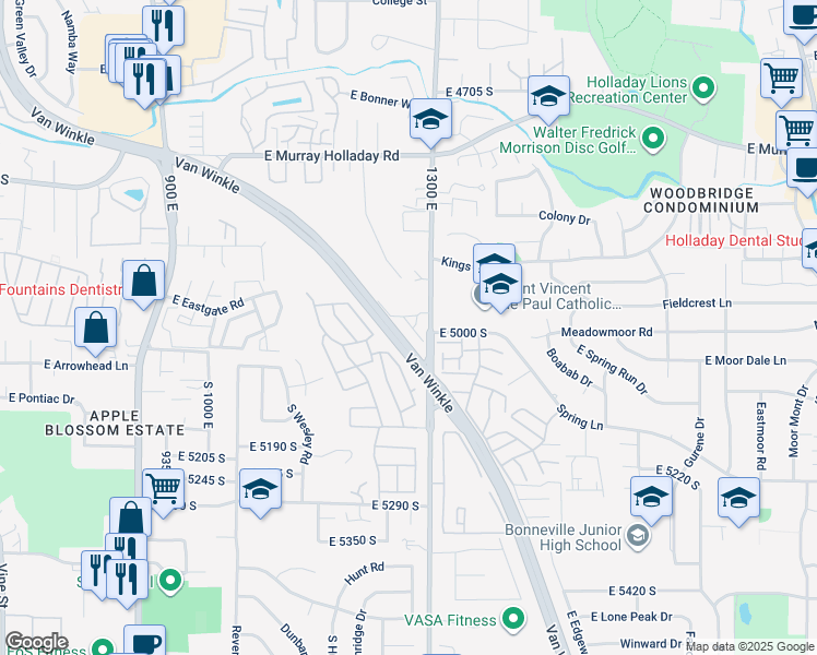 map of restaurants, bars, coffee shops, grocery stores, and more near 4988 Timber Way in Salt Lake City