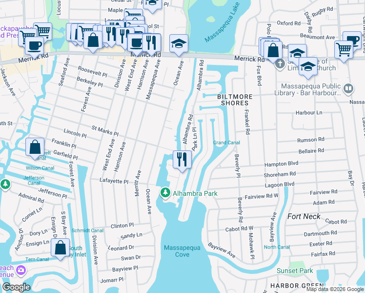 map of restaurants, bars, coffee shops, grocery stores, and more near 222 Saint Marks Place in Massapequa