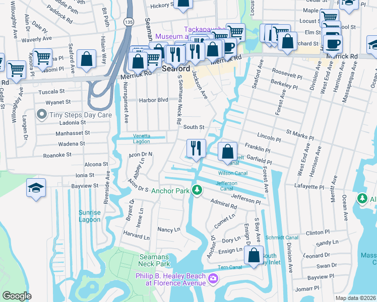 map of restaurants, bars, coffee shops, grocery stores, and more near Ellsworth Street in Seaford