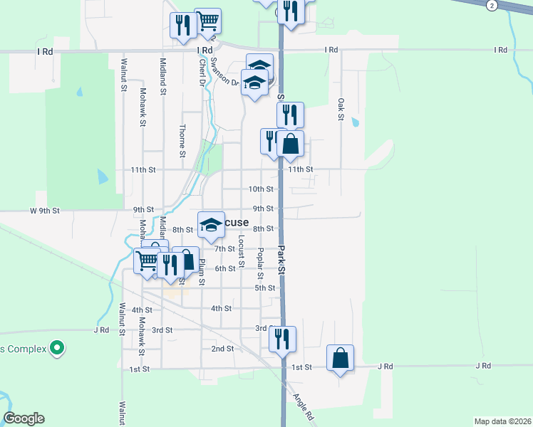 map of restaurants, bars, coffee shops, grocery stores, and more near 886 Poplar Street in Syracuse