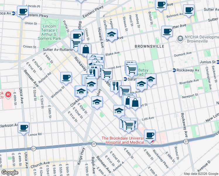 map of restaurants, bars, coffee shops, grocery stores, and more near 290 East 98th Street in Brooklyn