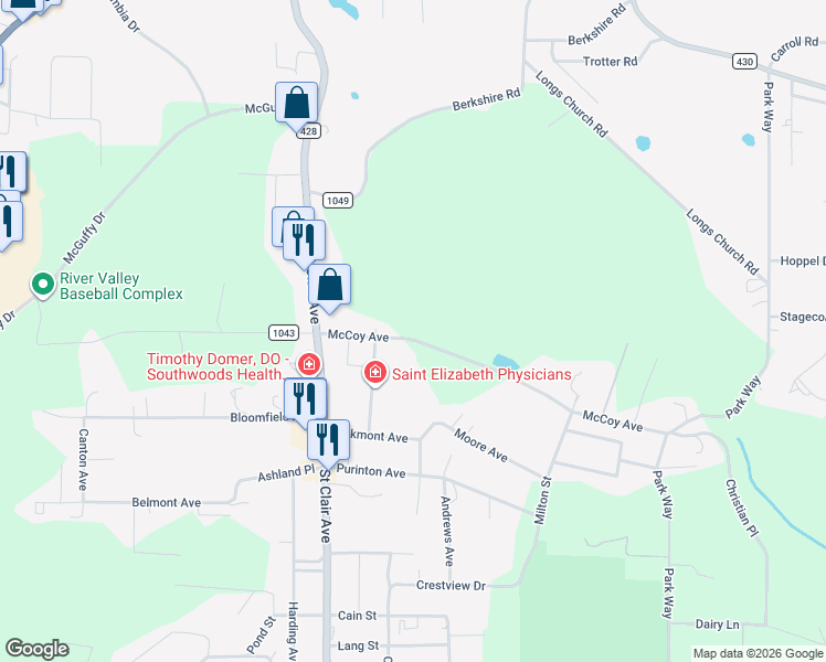 map of restaurants, bars, coffee shops, grocery stores, and more near 49238 McCoy Avenue in East Liverpool