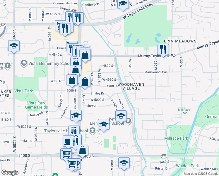map of restaurants, bars, coffee shops, grocery stores, and more near 1519 4980 South in Taylorsville