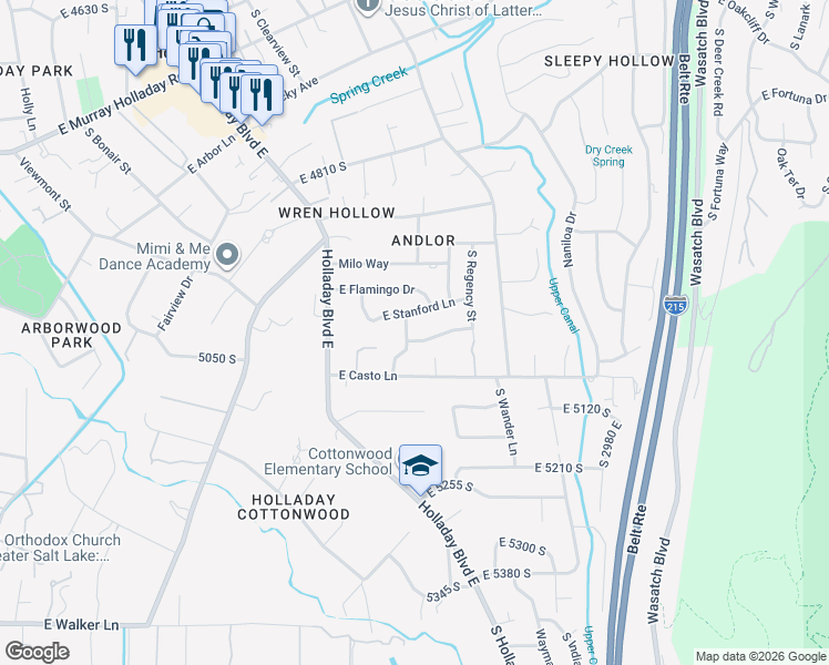 map of restaurants, bars, coffee shops, grocery stores, and more near 4991 South Valene Street in Holladay