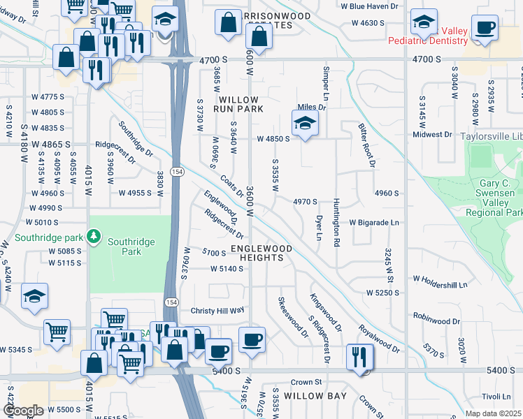map of restaurants, bars, coffee shops, grocery stores, and more near 3553 Valley Heights Drive in Salt Lake City