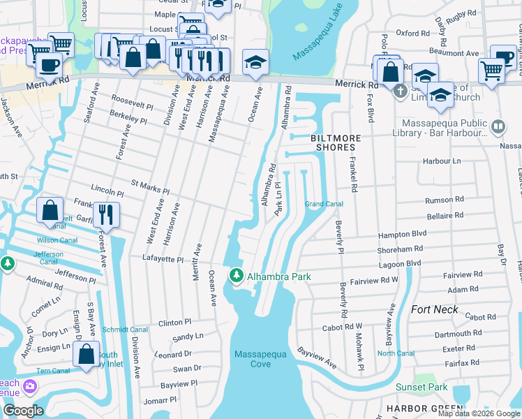 map of restaurants, bars, coffee shops, grocery stores, and more near 222 Saint Marks Place in Massapequa