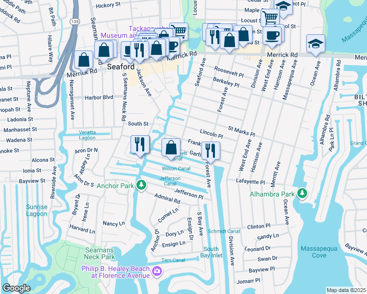map of restaurants, bars, coffee shops, grocery stores, and more near 43 Garfield Place in Massapequa