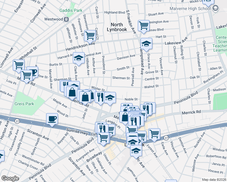 map of restaurants, bars, coffee shops, grocery stores, and more near 78 Winter Street in Lynbrook