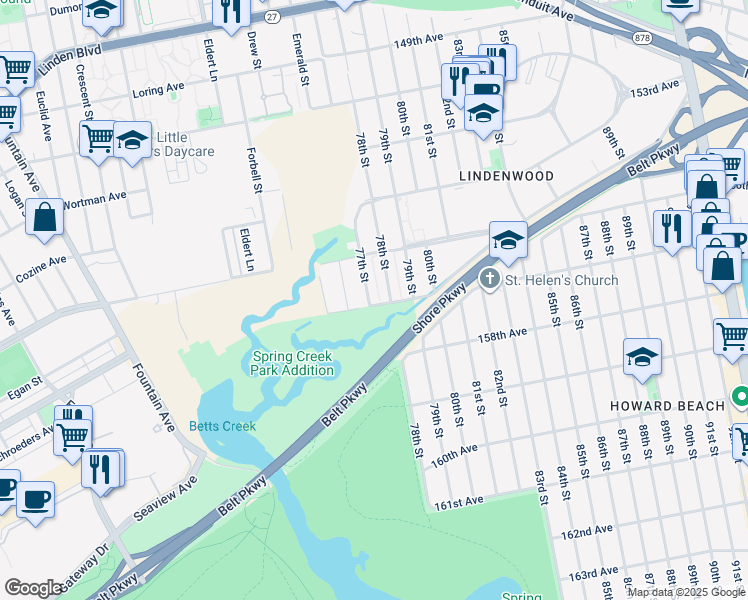 map of restaurants, bars, coffee shops, grocery stores, and more near 15649 Amber Street in Queens
