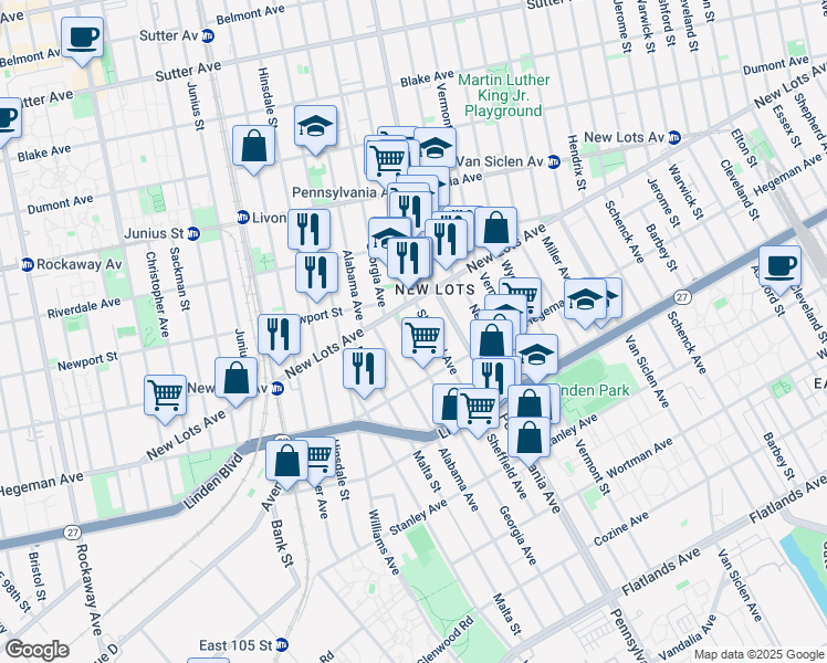 map of restaurants, bars, coffee shops, grocery stores, and more near 654 Georgia Avenue in Brooklyn
