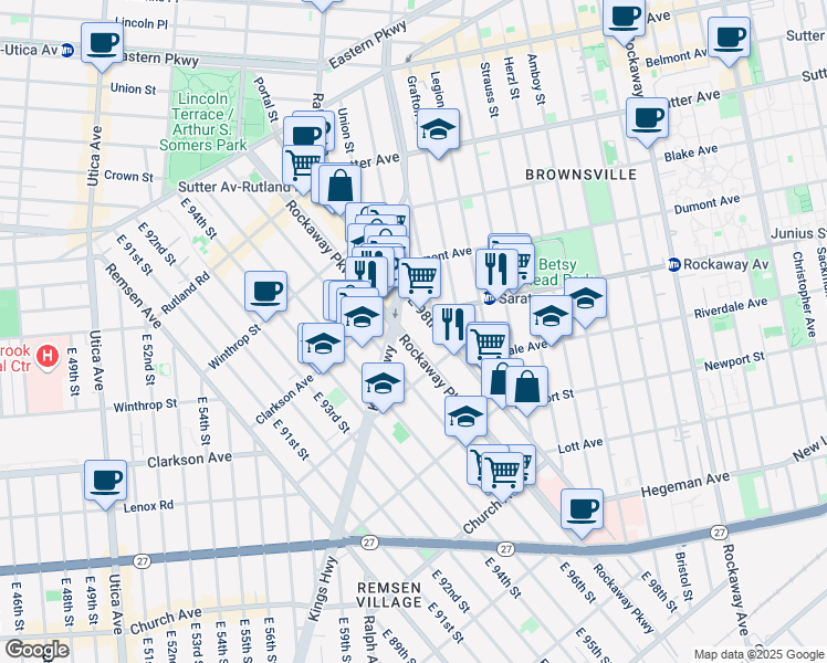 map of restaurants, bars, coffee shops, grocery stores, and more near 268 East 98th Street in Brooklyn