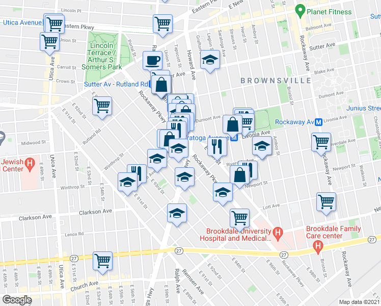 map of restaurants, bars, coffee shops, grocery stores, and more near 270 Rockaway Parkway in Brooklyn