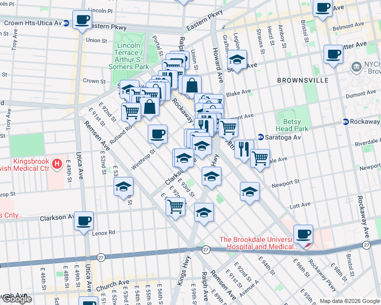 map of restaurants, bars, coffee shops, grocery stores, and more near 9517 Kings Highway in Brooklyn