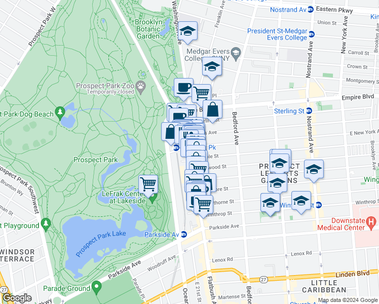 map of restaurants, bars, coffee shops, grocery stores, and more near 553 Flatbush Avenue in Brooklyn