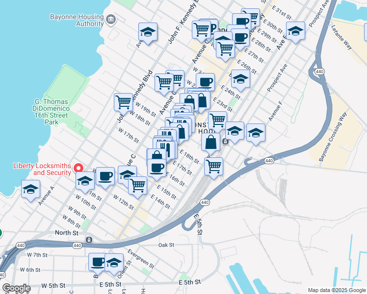 map of restaurants, bars, coffee shops, grocery stores, and more near 394 Broadway in Bayonne