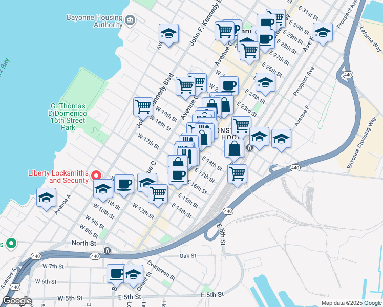 map of restaurants, bars, coffee shops, grocery stores, and more near 394 Broadway in Bayonne