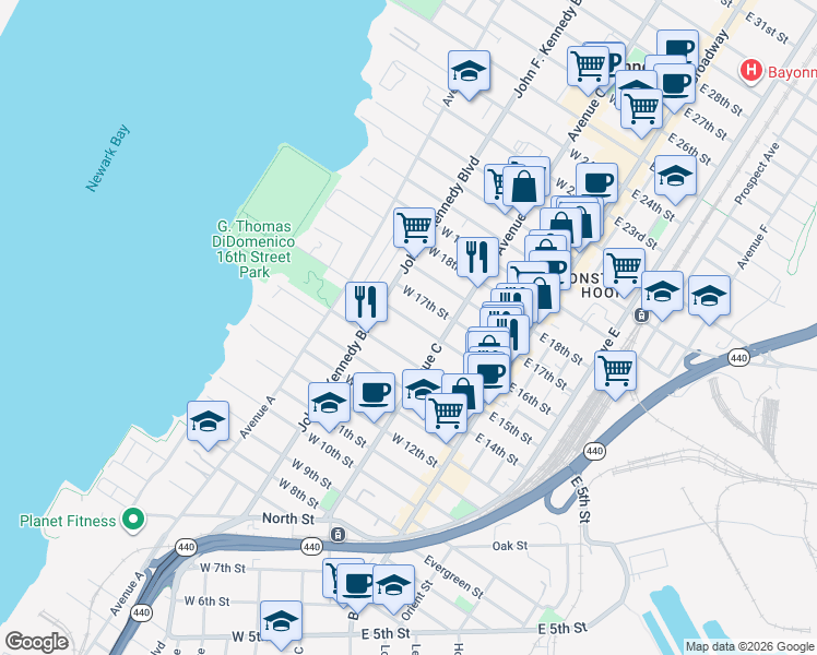 map of restaurants, bars, coffee shops, grocery stores, and more near 76 West 16th Street in Bayonne