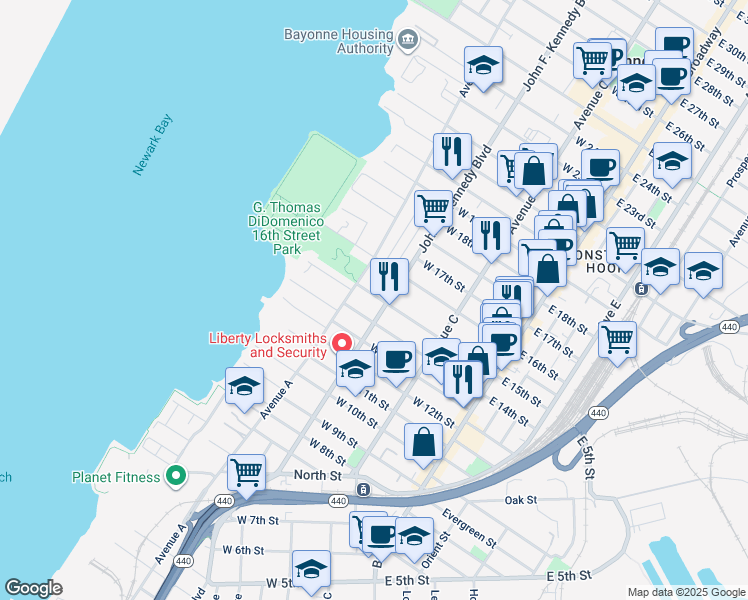 map of restaurants, bars, coffee shops, grocery stores, and more near 118 West 15th Street in Bayonne