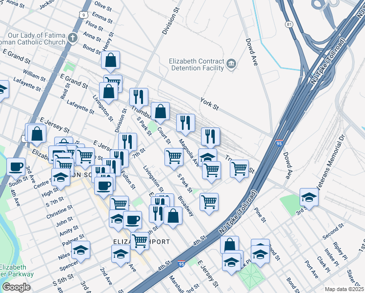 map of restaurants, bars, coffee shops, grocery stores, and more near 635 Court Street in Elizabeth