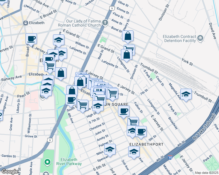 map of restaurants, bars, coffee shops, grocery stores, and more near 34 Smith Street in Elizabeth