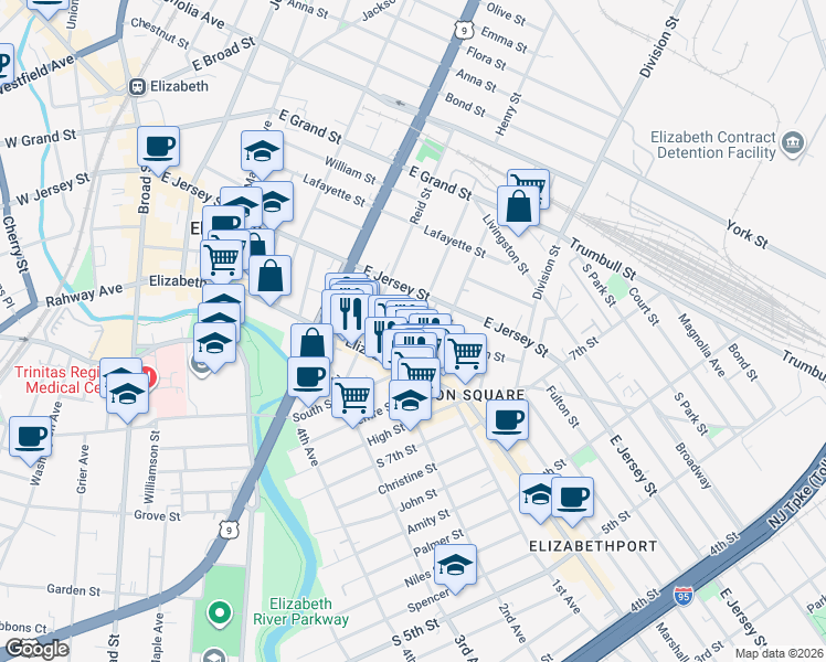 map of restaurants, bars, coffee shops, grocery stores, and more near in Elizabeth
