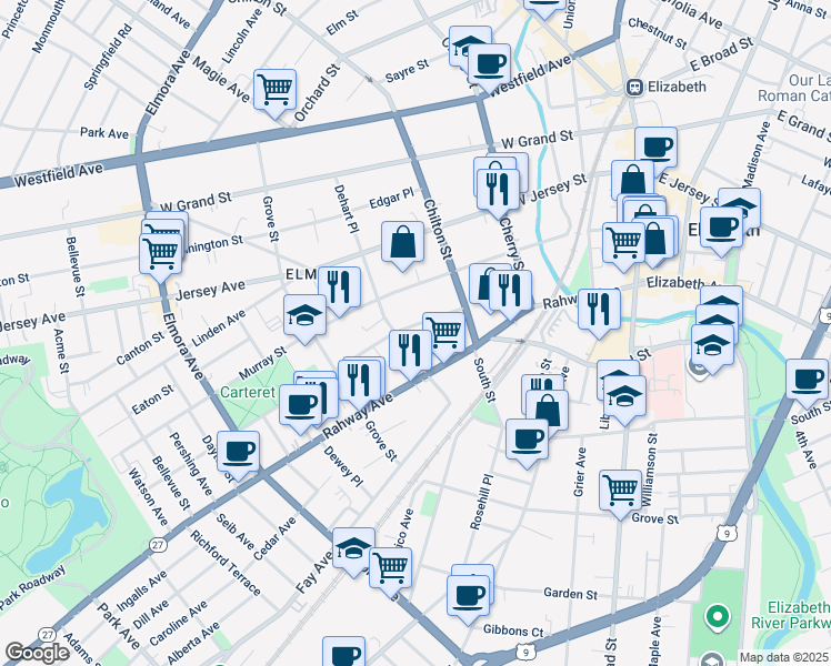 map of restaurants, bars, coffee shops, grocery stores, and more near 232-234 Vine Street in Elizabeth