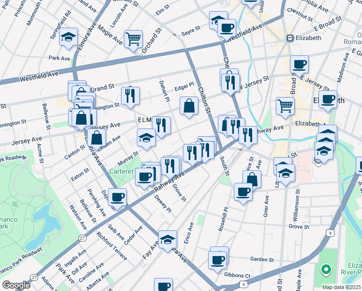 map of restaurants, bars, coffee shops, grocery stores, and more near 32 Dehart Place in Elizabeth