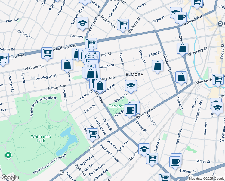 map of restaurants, bars, coffee shops, grocery stores, and more near 82 Clover Street in Elizabeth