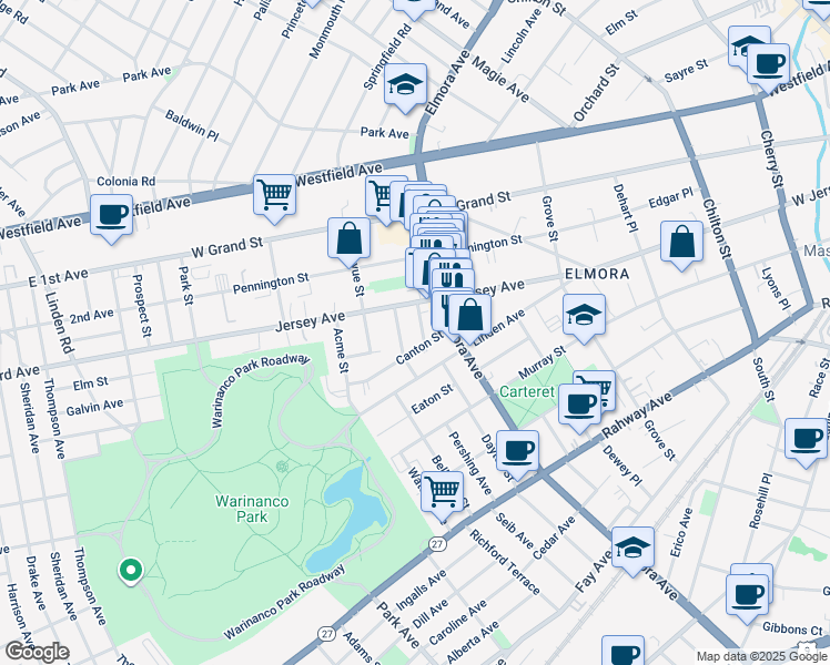 map of restaurants, bars, coffee shops, grocery stores, and more near 129 Berwick Street in Elizabeth