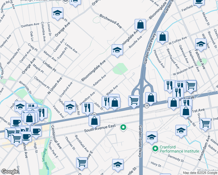 map of restaurants, bars, coffee shops, grocery stores, and more near 10 Van Buren Ave in Cranford