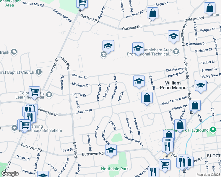 map of restaurants, bars, coffee shops, grocery stores, and more near 3179 Shakespeare Road in Bethlehem