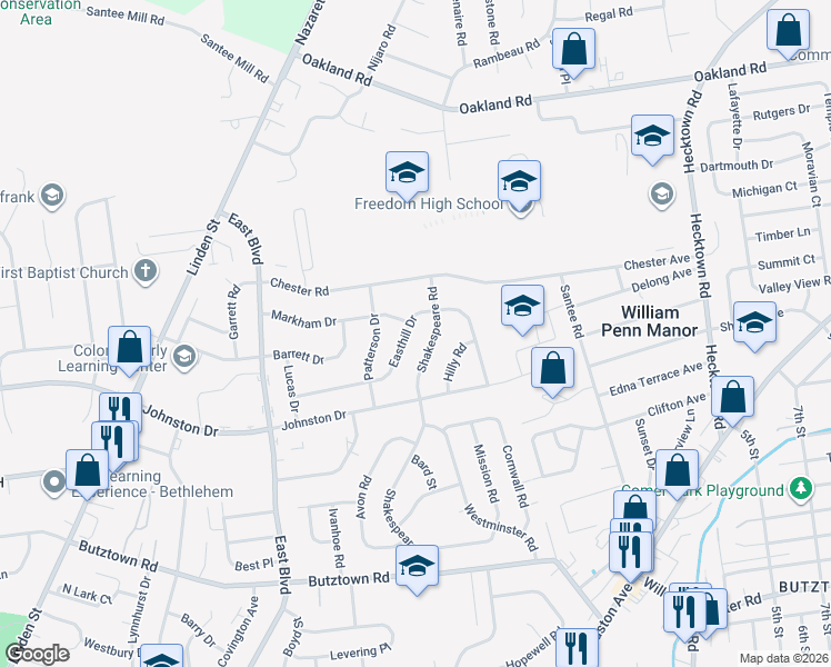 map of restaurants, bars, coffee shops, grocery stores, and more near 3179 Shakespeare Road in Bethlehem