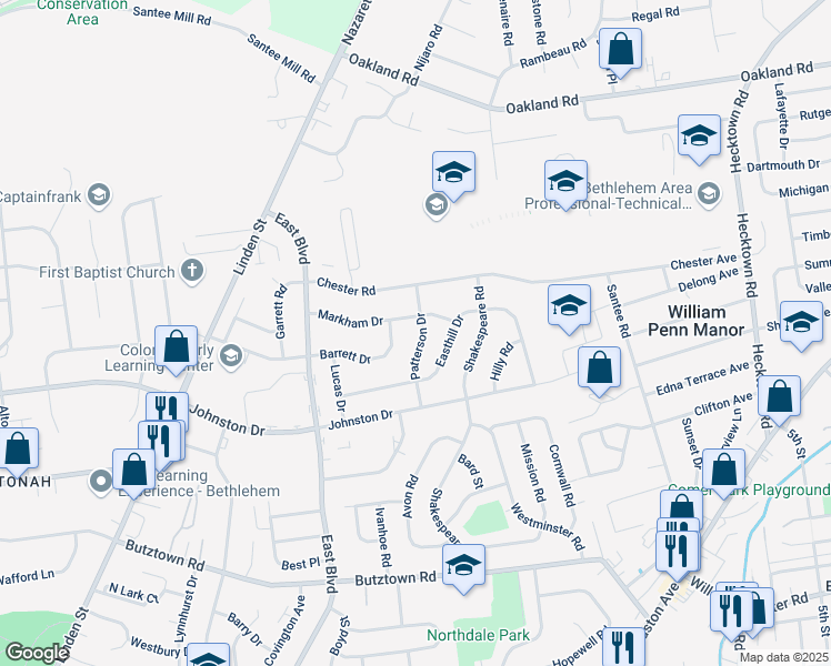 map of restaurants, bars, coffee shops, grocery stores, and more near 3170 Patterson Drive in Bethlehem