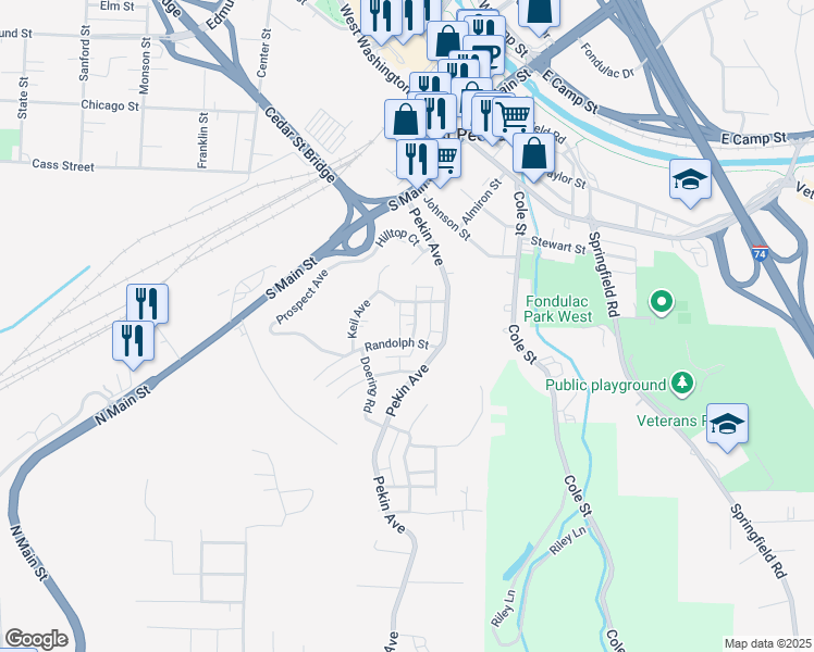 map of restaurants, bars, coffee shops, grocery stores, and more near 225 Grandview Avenue in East Peoria