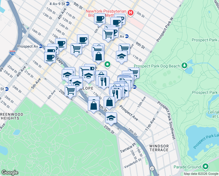 map of restaurants, bars, coffee shops, grocery stores, and more near 72 Windsor Place in Brooklyn