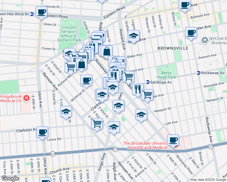 map of restaurants, bars, coffee shops, grocery stores, and more near Clarkson Avenue & East 96th Street in Brooklyn