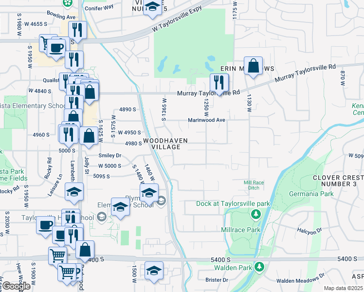 map of restaurants, bars, coffee shops, grocery stores, and more near 1305 Pinewood Drive in Taylorsville