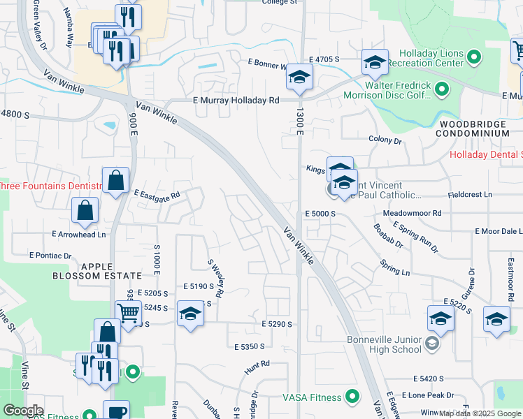 map of restaurants, bars, coffee shops, grocery stores, and more near 4997 South 1140 East in Salt Lake City