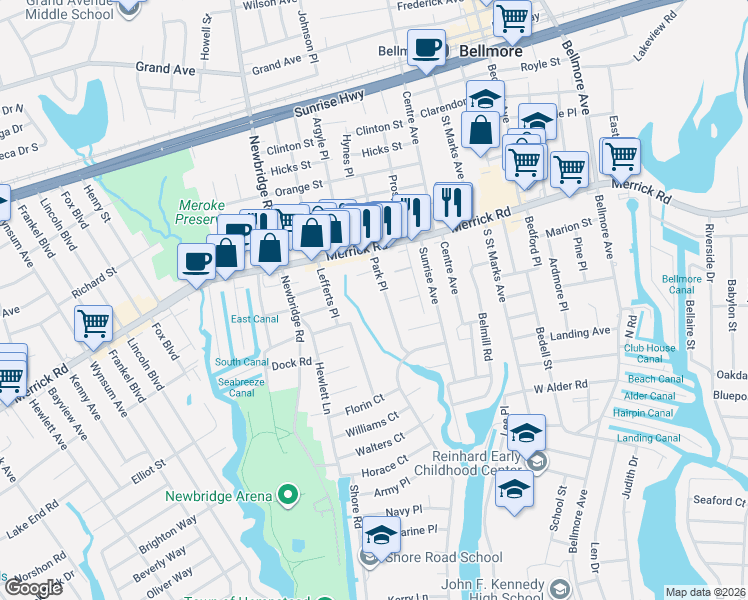 map of restaurants, bars, coffee shops, grocery stores, and more near 2493 Park Place in Bellmore