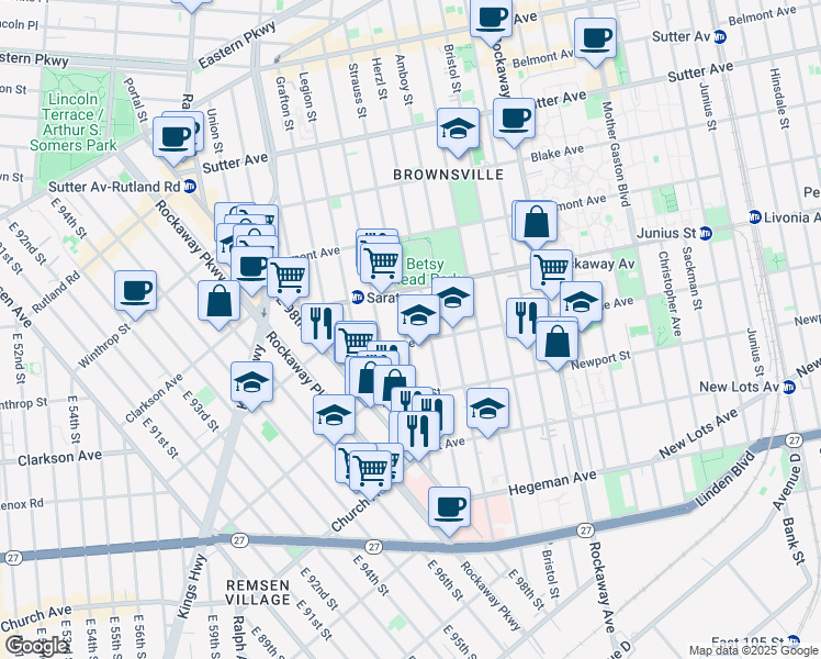 map of restaurants, bars, coffee shops, grocery stores, and more near 77 Riverdale Avenue in Brooklyn