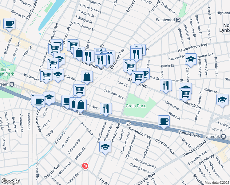 map of restaurants, bars, coffee shops, grocery stores, and more near 207 East Mineola Avenue in Valley Stream