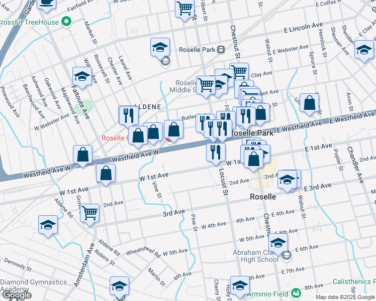 map of restaurants, bars, coffee shops, grocery stores, and more near 154 Westfield Avenue West in Roselle Park