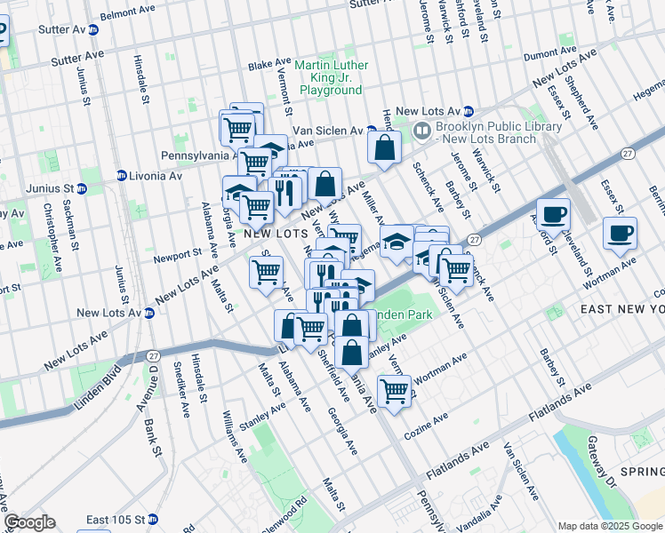 map of restaurants, bars, coffee shops, grocery stores, and more near 588 Hegeman Avenue in Brooklyn