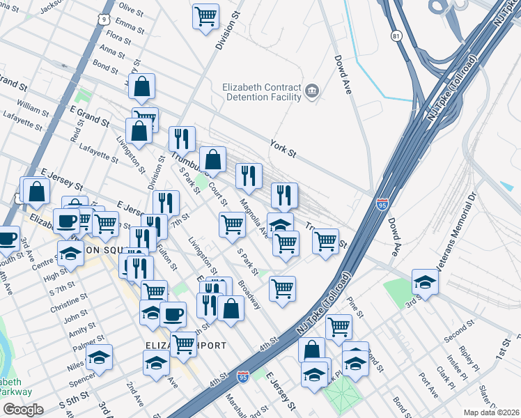 map of restaurants, bars, coffee shops, grocery stores, and more near 615 Magnolia Avenue in Elizabeth