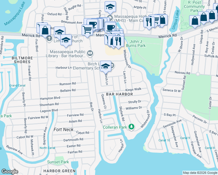 map of restaurants, bars, coffee shops, grocery stores, and more near 106 Laurel Dr in Massapequa Park