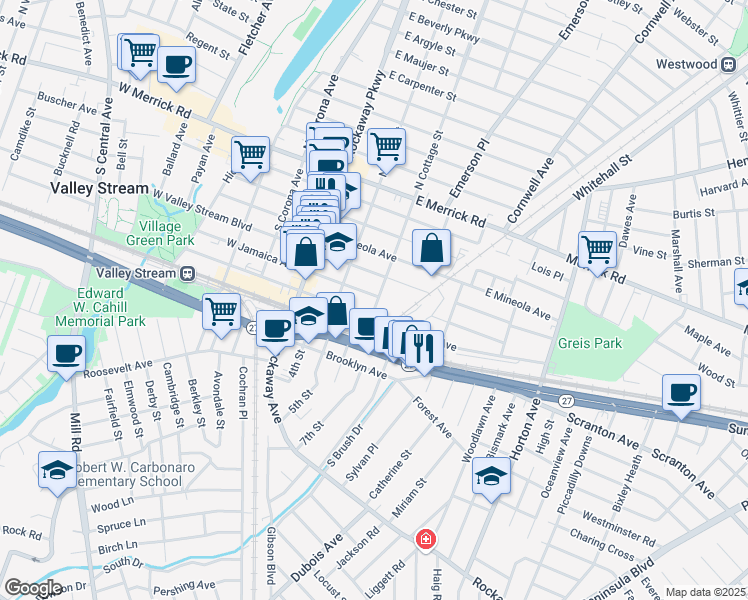 map of restaurants, bars, coffee shops, grocery stores, and more near 64 East Jamaica Avenue in Valley Stream