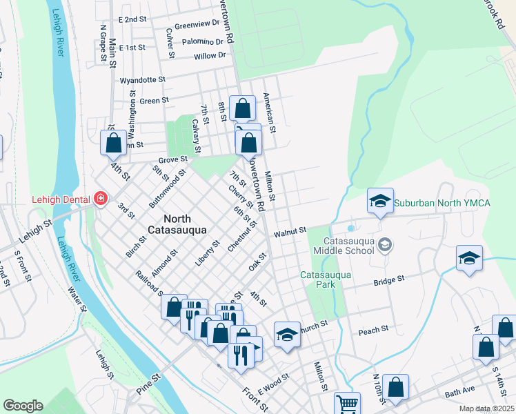 map of restaurants, bars, coffee shops, grocery stores, and more near 1034 Howertown Road in Catasauqua