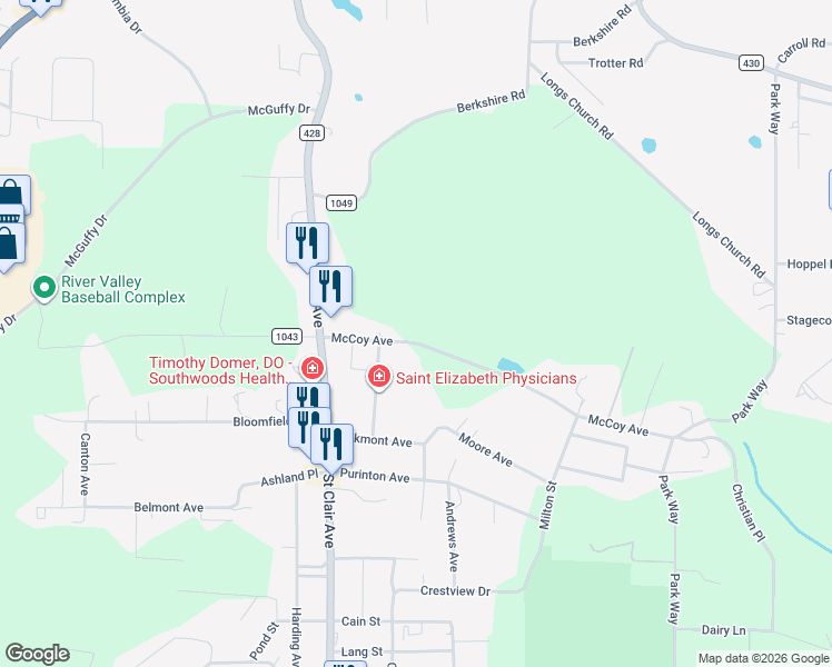 map of restaurants, bars, coffee shops, grocery stores, and more near 49238 McCoy Avenue in East Liverpool